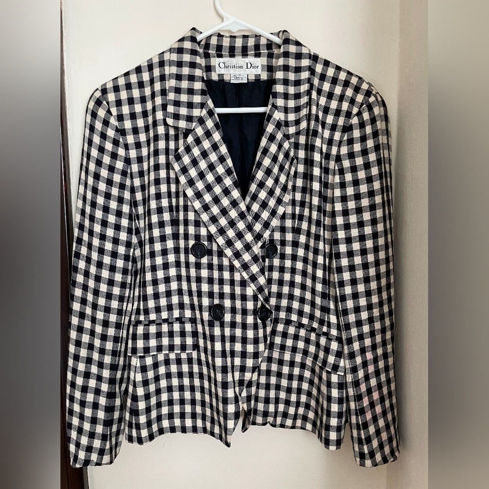 Christian Dior Vintage Women Blazer, Black and White Checkered, 3/4 Sleeve -Sz 6